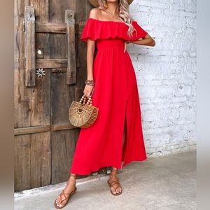 Off-Shoulder Ruffle Split Maxi Dress